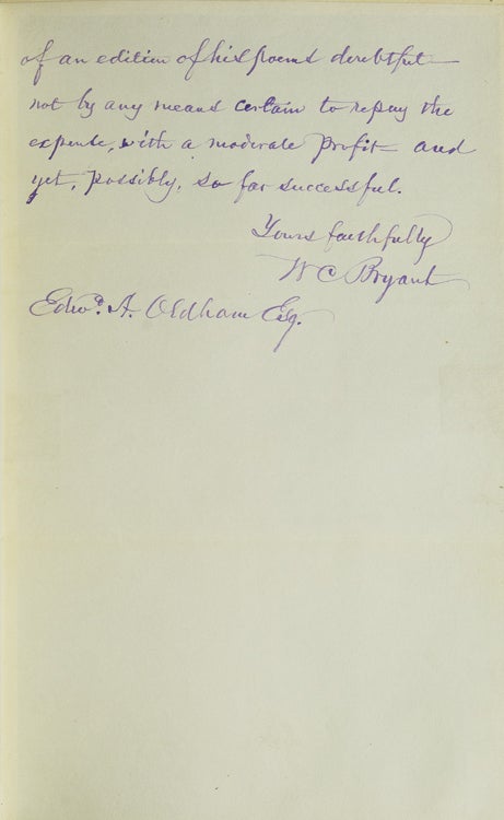 Autograph Letter Signed ("W C Bryant"), to Edward Oldham in North Carolina, regarding the sale of a book by Mr. Thompson