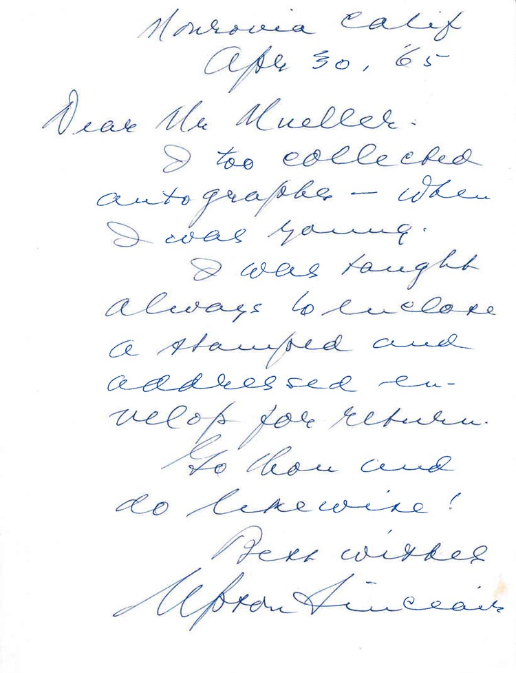 Item #308794 Autograph Letter, Signed, Upton Sinclair to Mr. Mueller in response to a request for an autograph. Upton Sinclair.