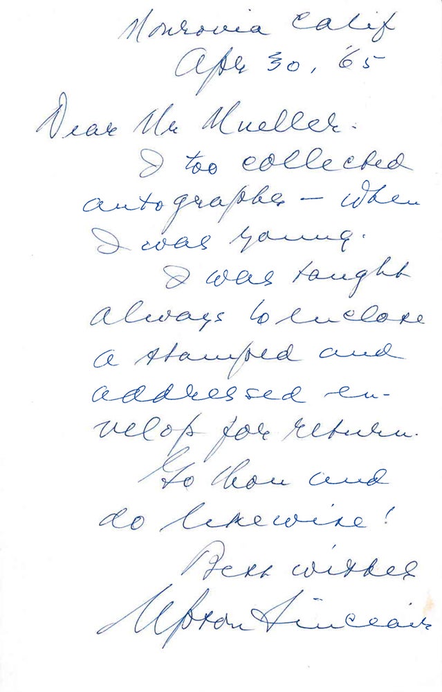 Item #308794 Autograph Letter, Signed, Upton Sinclair to Mr. Mueller in response to a request for an autograph. Upton Sinclair.