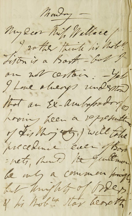 Autograph Letter Signed ("J Porter"), to "My dear Miss Wallace"