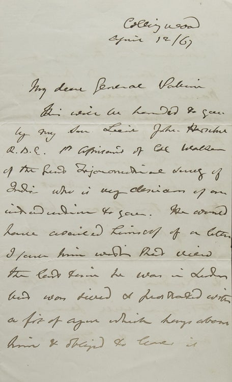 Autograph Letter Signed ("JFW Herschel"), to General P–, introducing his son