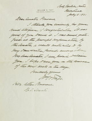 Item #308834 Autograph Letter Signed ("Wm H Taft"), to Senator Pomerene, two days after his...
