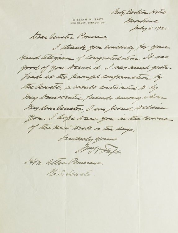 Item #308834 Autograph Letter Signed ("Wm H Taft"), to Senator Pomerene, two days after his appointment as Chief Justice of the U.S. Supreme Court. William Howard Taft.