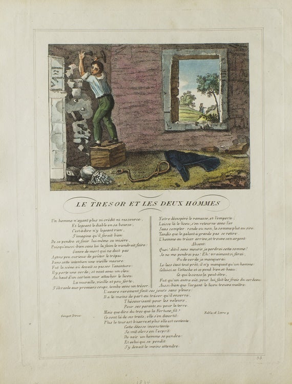 Item #308843 Hand-Colored Engraving above printed Text from "Les Fables" Jean La Fontaine.