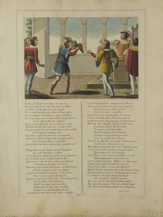 Item #308844 Hand-Colored Engraving above printed Text from "Les Fables" Jean La Fontaine