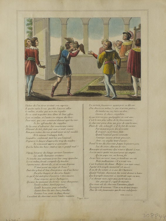 Item #308844 Hand-Colored Engraving above printed Text from "Les Fables" Jean La Fontaine.