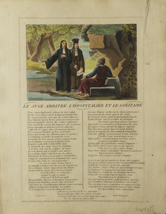 Item #308845 Hand-Colored Engraving above printed Text from "Les Fables" Jean La Fontaine.