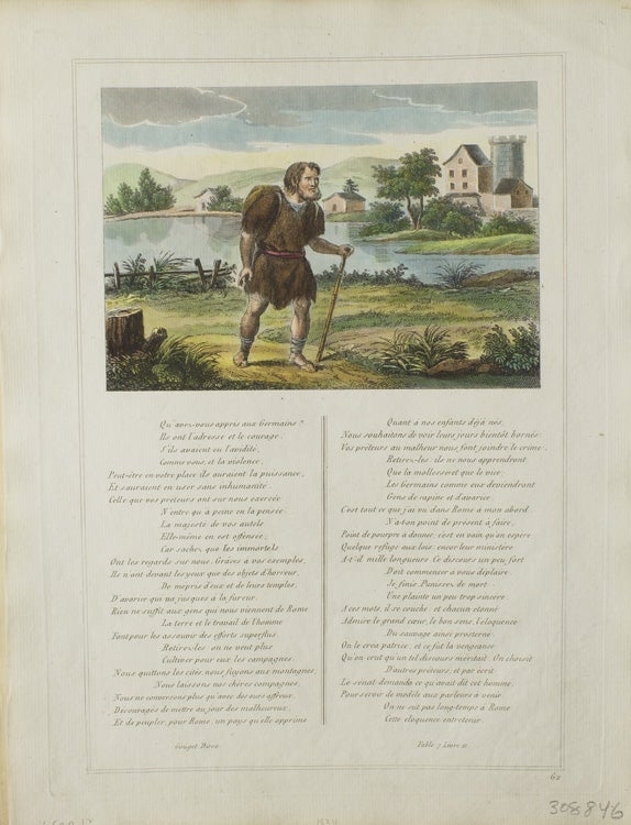 Item #308846 Hand-Colored Engraving above printed Text from "Les Fables" Jean La Fontaine.
