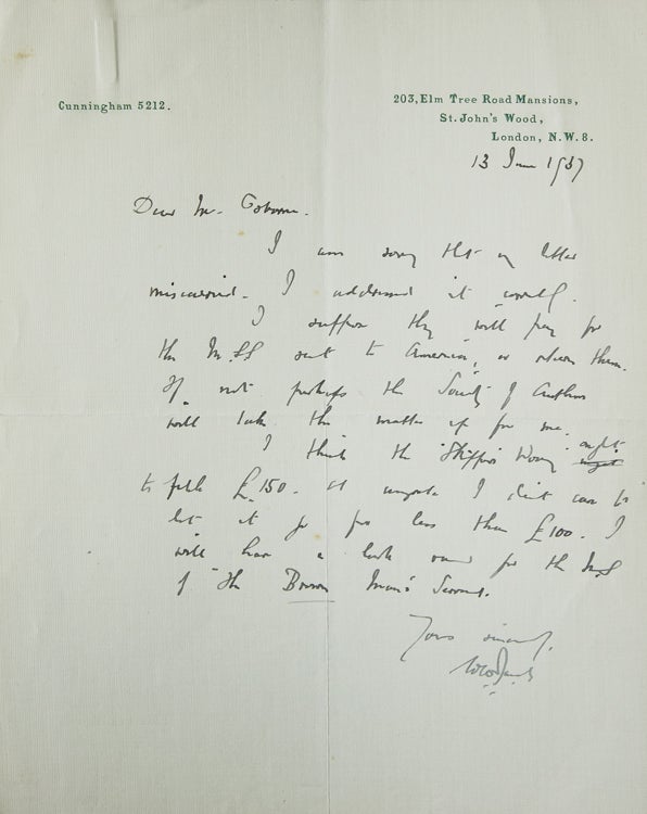 Autograph Letters Signed "W.W. Jacobs" to "Mr. Osborne" regarding selling the manuscripts for The Skipper's Wooing and The Brown Man's Servant