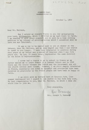 Item #309068 Typed Letter, signed (“Rose Kennedy”), 1 October 1969, to André Malraux,...