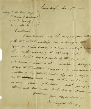 Item #309181 Autograph Letter Signed ("Washington Irving") declining an invitation to speak at...