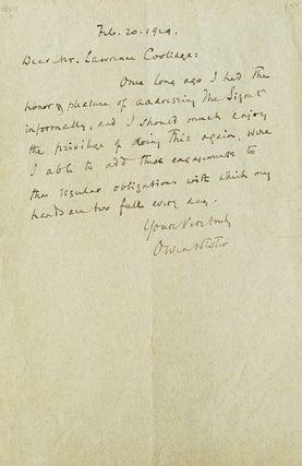 Item #309250 ALS. To Mr. Lawrence Coolidge of the Signet Society of Harvard College about...
