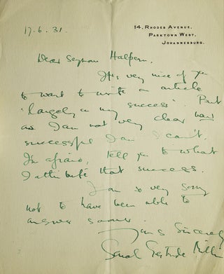 Item #309294 Autograph letter signed "Sarah Gertrude Millin" to "Seymour Halpern" in response to...