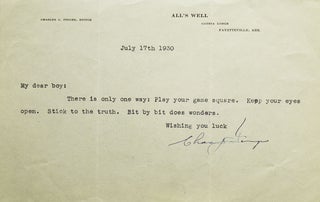 Item #309306 Typed note signed "Charles J. Finger" to "my dear boy" (Seymour Halpern) in response...