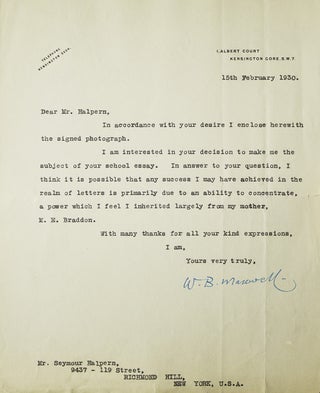 Item #309307 Typed letter signed "W.B. Maxwell" to "Mr. halpern" (Seymour Halpern) in response to...