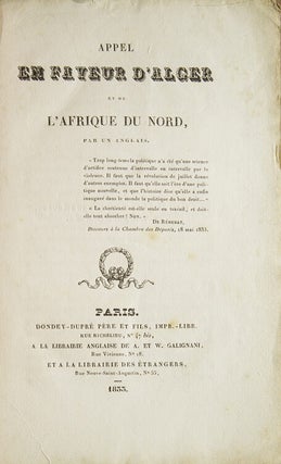 Item #309318 Appel en Faveur d'Alger, et de l'Afrique du Nord, par un Anglais. Saxe...