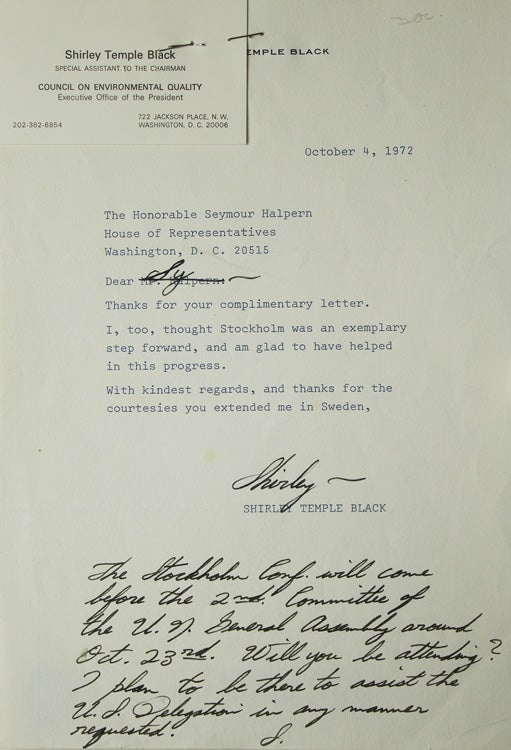 Item #309375 TLS, To Sy (Halpern), with autograph note at the bottom signed with initial "S". About the Stockholm Conference (United Nations Conference on the Human Environment). Shirley Temple, Black.