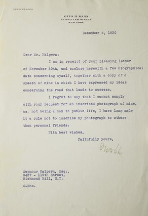 Item #309379 Typed letter signed "Otto H Kahn" to "Mr. Halpern" (Seymour Halpern) in response to...