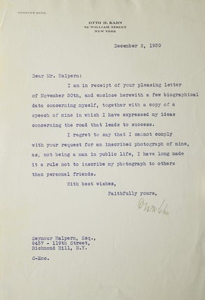 Item #309379 Typed letter signed "Otto H Kahn" to "Mr. Halpern" (Seymour...
