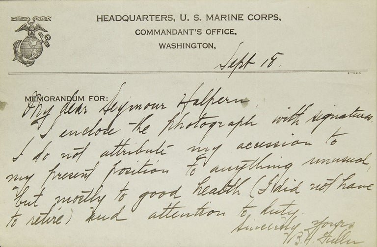 Item #309398 Autograph Note, Signed "B.H. Fukker," to Seymour Halpern, in response to Halpern's inquiry regarding the keys to success. US Marine Corps, General Ben Hebard Fuller.