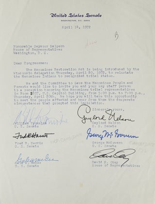 Item #309399 TLS. To Congressman Seymour Halpern. About the Menominee Restoration Act. Signed by...