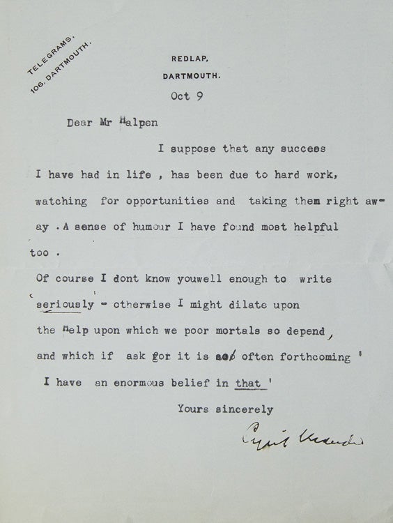 Item #309422 Typed letter signed "Cyril Maude" To "Mr. Halpern "Seymour Halpern" in response to Halpern's inquiry regarding the keys to success. Theater, Cinema.