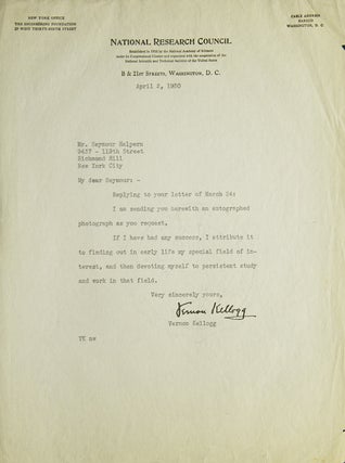 Item #309424 Typed letter signed "Vernon Kellogg" (Vernon Lyman Kellogg) to "Seymour" (Seymour...