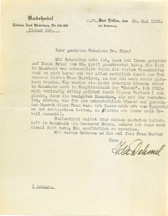 Item #309427 Autograph Typed Letter, Signed "Ida Dehmel" to Dr. Kuhn. Ida Dehmel.