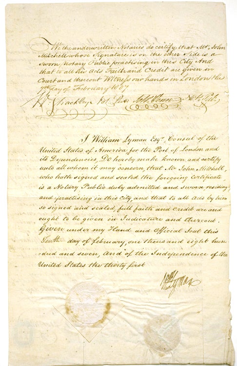 Autograph Maunscript, Signed "William Lyman Esq, Consul of the United States of America for the Port of London"