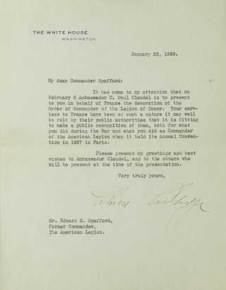 Item #309487 Typed Letter Signed, on White House Stationery, to Edward E. Spafford. Calvin Coolidge