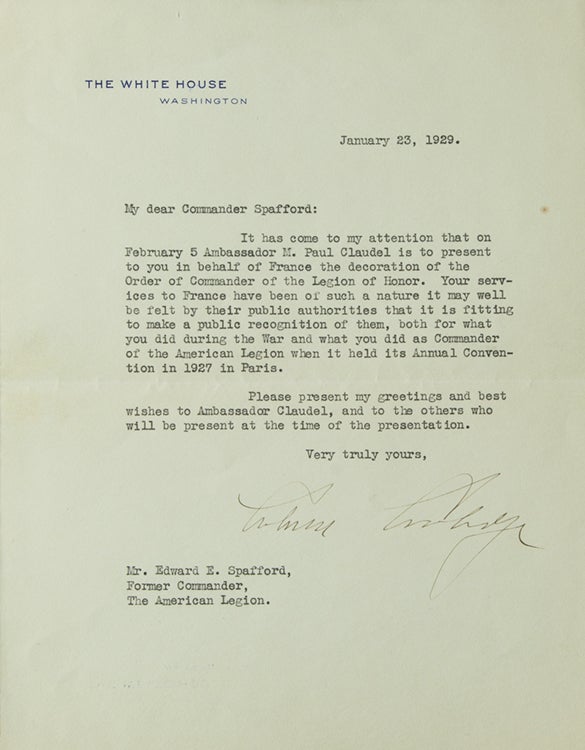 Item #309487 Typed Letter Signed, on White House Stationery, to Edward E. Spafford. Calvin Coolidge.