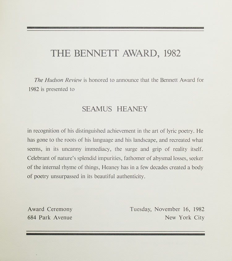 Item #309984 The Bennett Award, 1982 / The Hudson Review is honored to announce that the Bennett Award for 1982 is presented to SEAMUS HEANEY. Seamus Heaney.