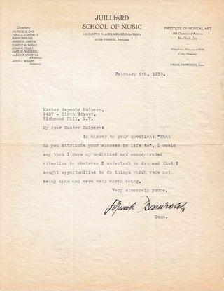 Item #310038 Typed letter signed "Frank Damrosch" to Seymour Halpern ("Master Halpern"), in reply...