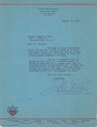 Item #310039 Typed letter signed "John Golden" to "Mr. Halpern" (Seymour Halpern) in reply to...