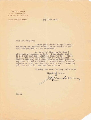 Item #310041 Typed letter signed "Jo Davidson" to Seymour Halpern ("Mr. Halpern") in reply to...