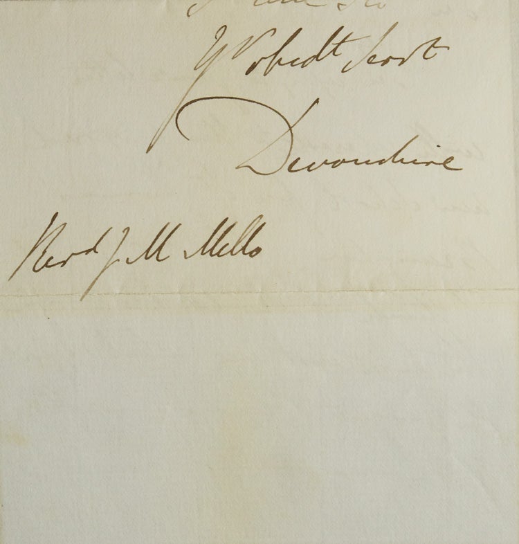 Autograph letter signed ("Devonshire"), to Rev. John Magens Mello about a proposed new school at St. Thomas Brampton