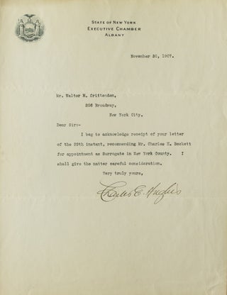 Item #310074 Typed letter signed ("Charles E. Hughes") as Governor of New York, to Walter H....