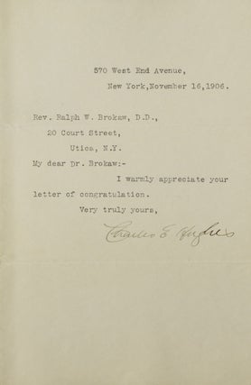 Item #310075 Typed letter signed ("Charles E. Hughes"), as Governor elect of New York, to Rev....