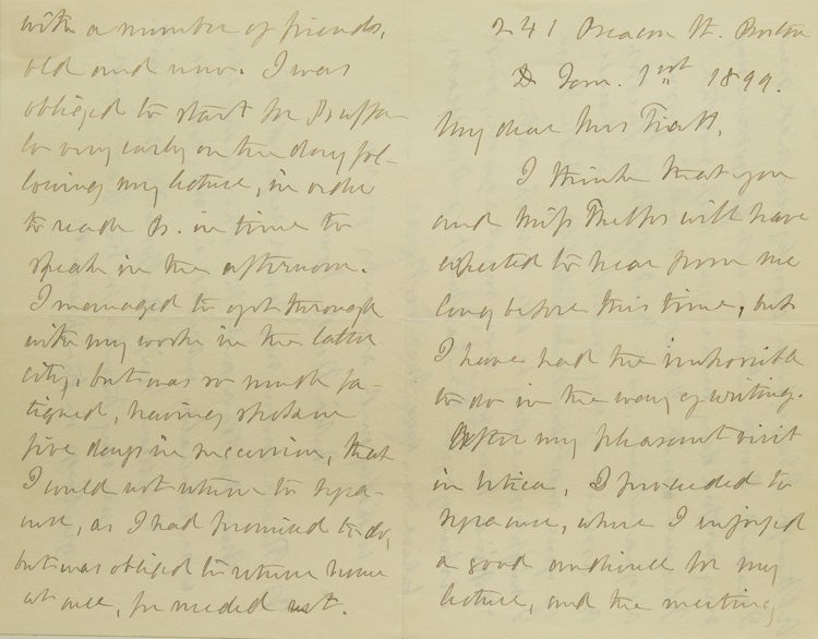 Item #310079 Autograph letter signed ("Julia Ward Howe"), to a Mrs. ?Fiatt, regarding a recent lecture tour. Julia Ward Howe.