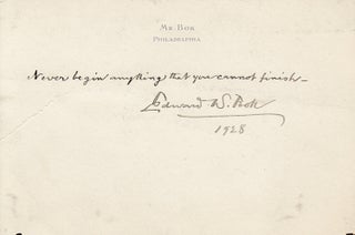 Item #310101 Autograph note signed Edward W. Bok" in response to Seymour Halpern's inquiry...
