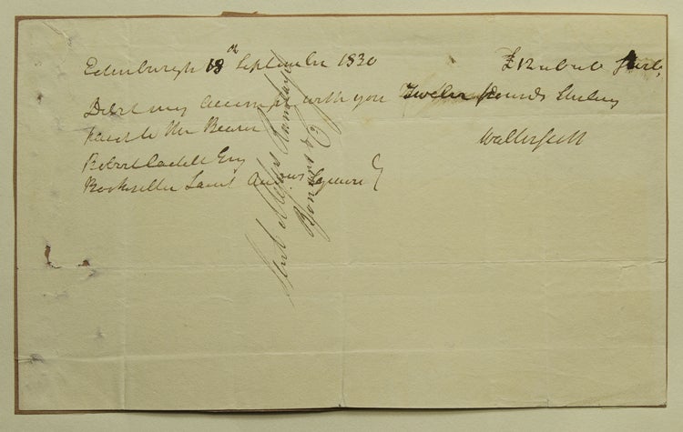 Item #310114 Check signed ("Walter Scott'), in the amount of £12, to Robert Cadell Esq Bookseller. Sir Walter Scott.