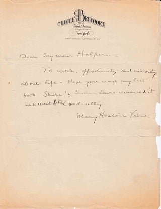 Item #310115 Autograph letter signed ("Mary Heaton Vorse") to Seymour Halpern in response to...