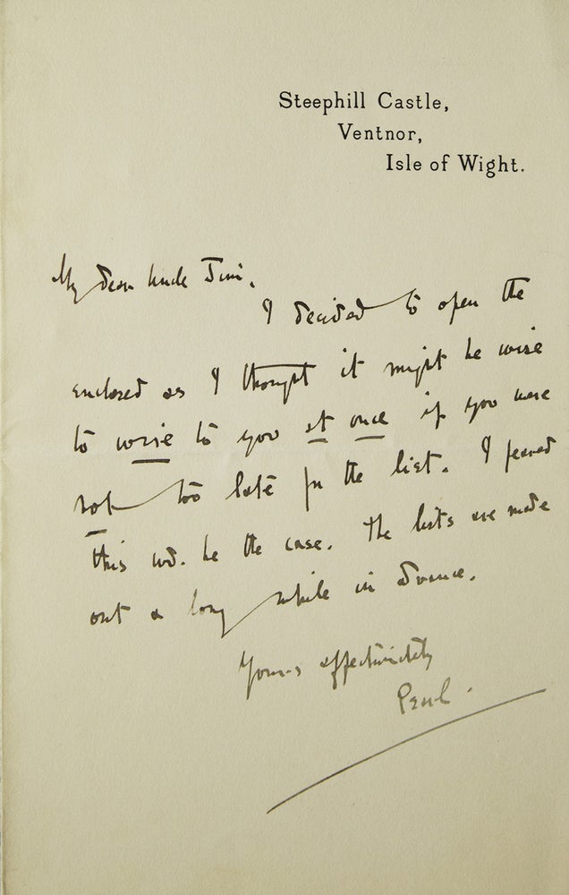 Item #310160 Autograph letter signed ("Pearl"), to her "Dear Uncle Jim" Pearl May Teresa Craigie, aka John Oliver Hobbes.