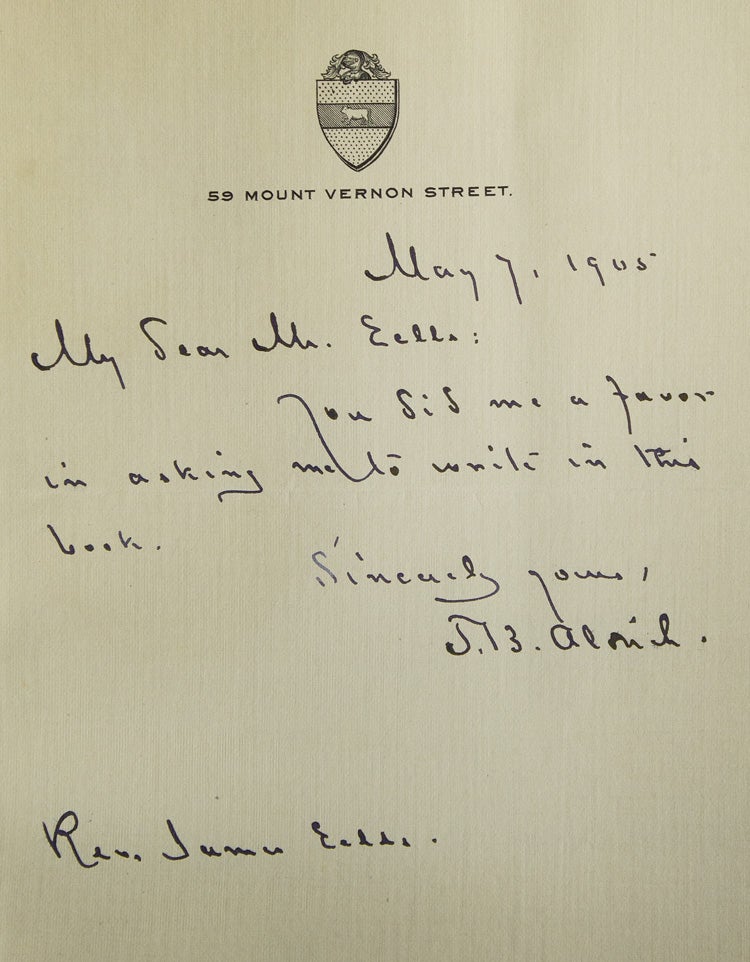 Item #310161 Autograph letter signed ("T.B. Aldrich"), to Rev. James E––. Thomas Bailey Aldrich.