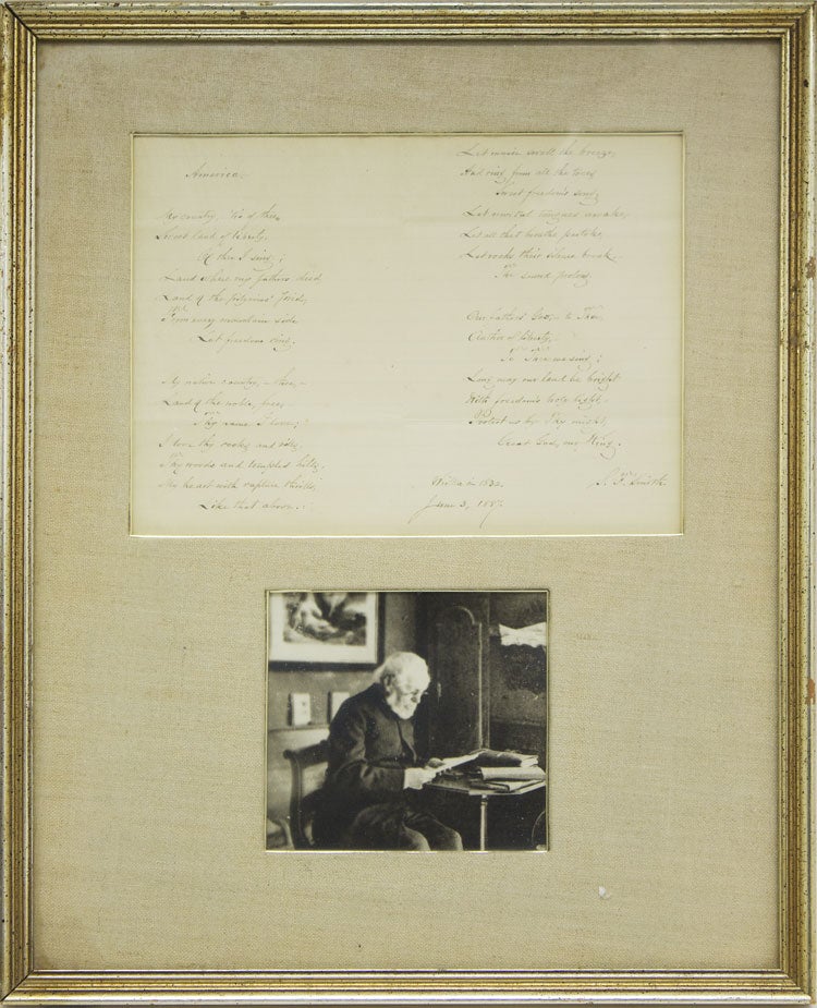Item #310224 "America," Autograph Manuscript, signed ("S.F. Smith. Written in 1832. June 3, 1887"), fair copy. Samuel F. Smith.
