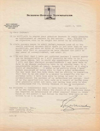 Item #310272 Typed letter signed "Roy W. Howard' to "Seymour" (Seymour Halpern) in response to...