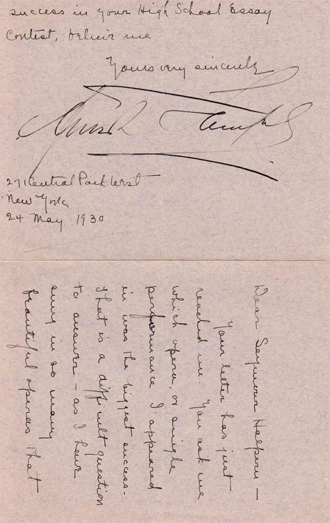 Autograph letter signed "Frieda Hempel" to "Seymour Halpern" in response to Halpern's inquiry regarding her greatest role