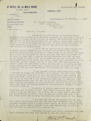 Item #310341 Typed letter signed ("Harry A. Franck") to Seymour Halpern ("Mr. Halpern") in...