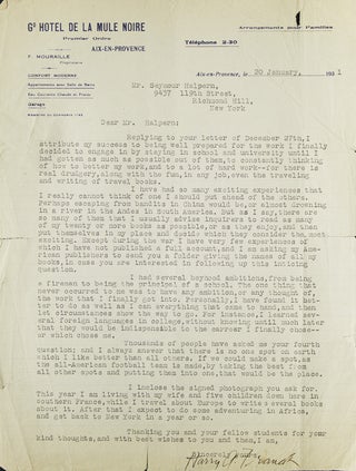 Item #310341 Typed letter signed ("Harry A. Franck") to Seymour Halpern ("Mr....