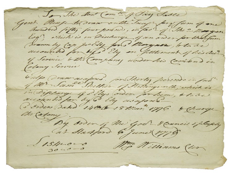 Autograph Document Signed ("Wm Williams, Clerk"), to Connecticut Committee of Pay Table